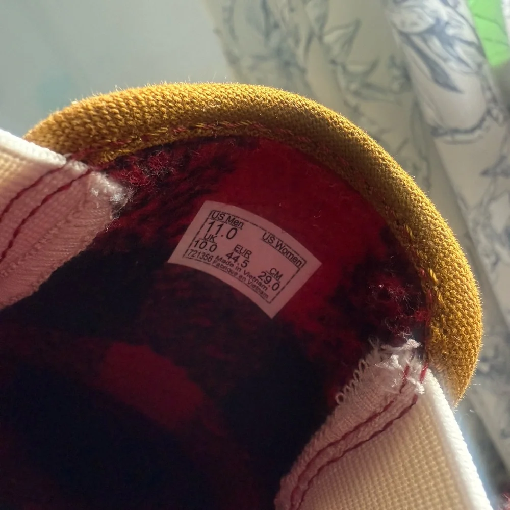 Vans Brown Plush Slip-On Sneakers with Red & Black Plaid Lining - Picture 4 of 6